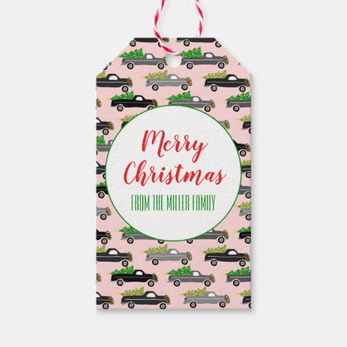 Christmas Trucks Xmas Trees Wreaths Colorful Pink Gift Tags
