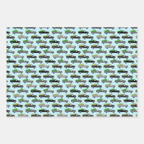 Christmas Trucks Xmas Trees Wreaths Grayscale Blue Wrapping Paper Sheets