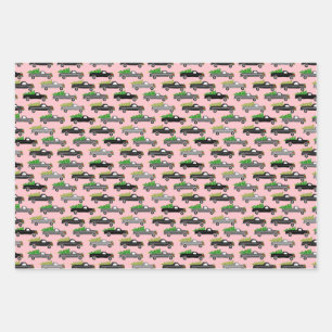 Christmas Trucks Xmas Trees Wreaths Grayscale Pink Wrapping Paper Sheets