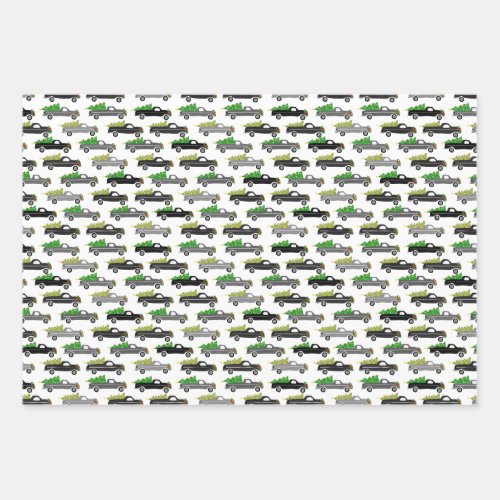 Christmas Trucks Xmas Trees Wreaths Grayscale Wrapping Paper Sheets