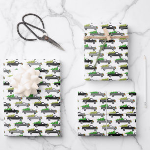 Christmas Trucks Xmas Trees Wreaths Grayscale Wrapping Paper Sheets