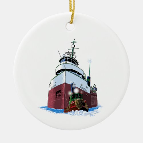 Christmas tug and freighter ceramic ornament
