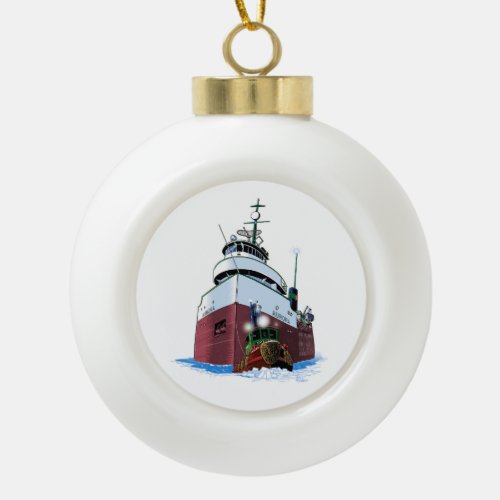 Christmas tug and freighter ceramic ornament