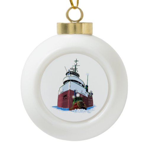 Christmas tug and freighter ceramic ornament