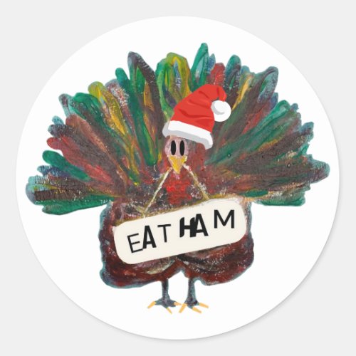 Christmas Turkey Santa Hat Ham    Classic Round Sticker