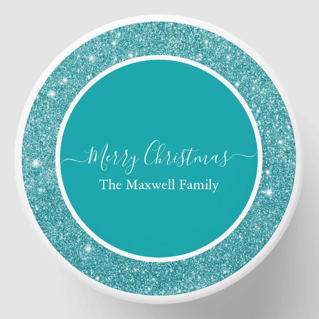 Christmas turquoise glitter script name mini candle favors (Front)