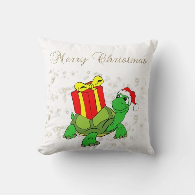 Christmas,Turtle,Santa Hat,Present,Sparkles,White Throw Pillow (Front)