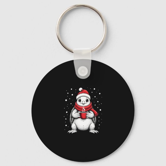 Christmas Turtle with Santa Hat Coffee Lover Funny Keychain (Front)