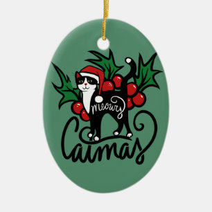 Christmas Tuxedo Cat Ceramic Ornament