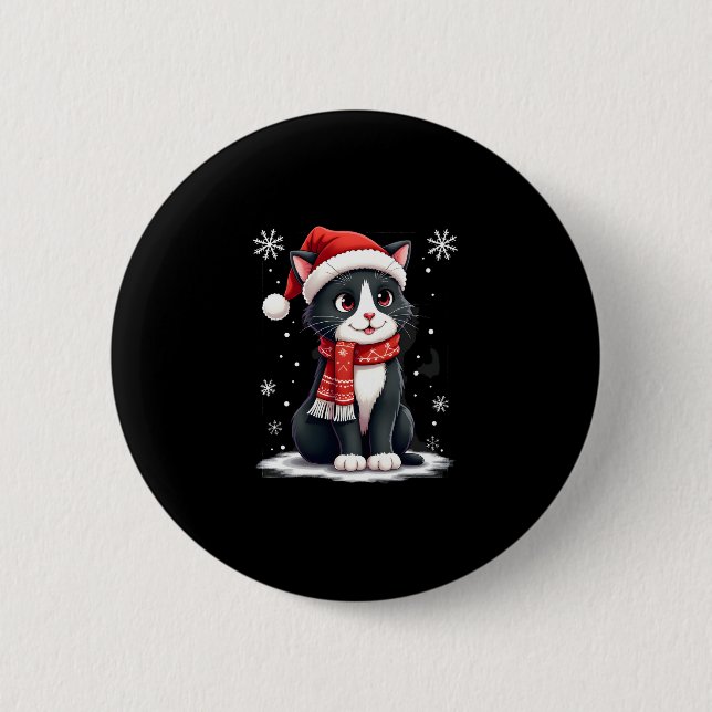 Christmas Tuxedo Cat Santa Scarf Ugly Xmas Women G Button (Front)