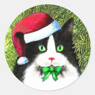 Christmas Tuxedo Cat with Bow Classic Round Sticker