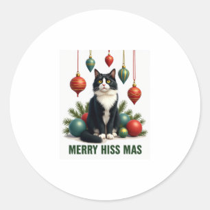 Christmas Tuxedo Cat with Holiday Decorations Merr Classic Round Sticker