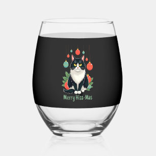 Christmas Tuxedo Cat with Holiday Decorations Merr Stemless Wine Glass
