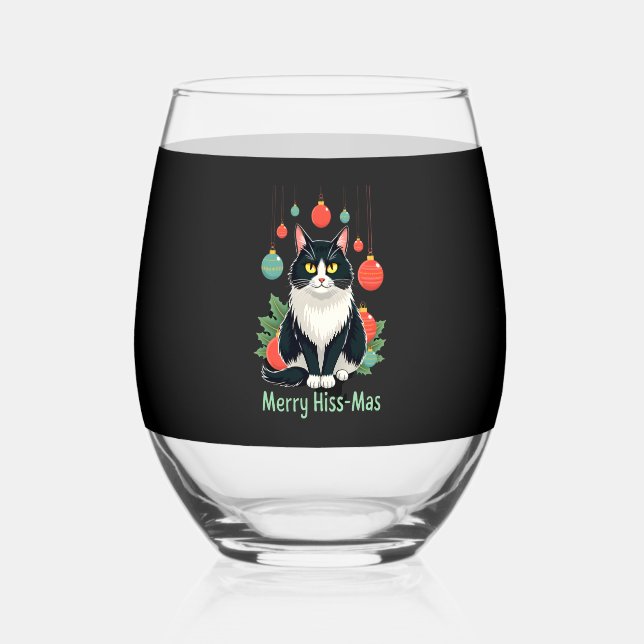 Christmas Tuxedo Cat with Holiday Decorations Merr Stemless Wine Glass (Front)