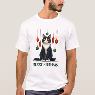 Christmas Tuxedo Cat with Holiday Decorations Merr T-Shirt
