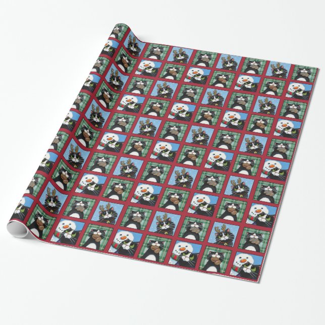 Christmas Tuxedo Cats, Snowmen and Gingerbread Men Wrapping Paper (Unrolled)