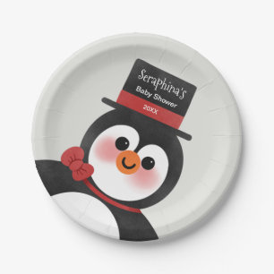 Christmas Tuxedo Penguin Personalized Baby Shower Paper Plates