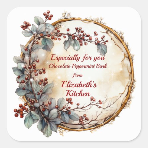 Christmas Twig Wreath Red Berries Leaves Square Sticker