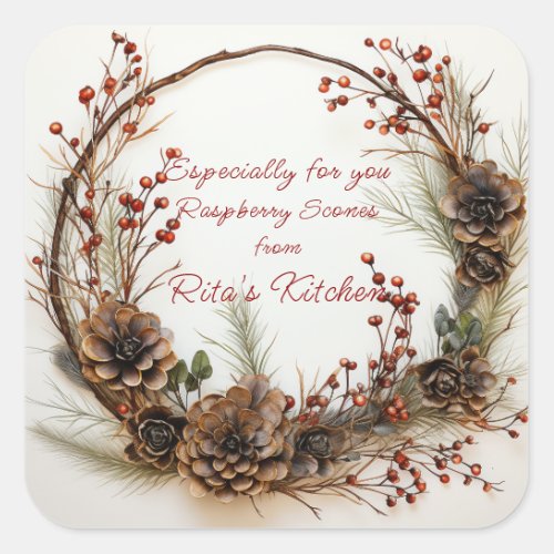 Christmas Twig Wreath Red Berries Pinecones  Square Sticker