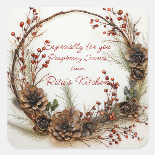 Christmas Twig Wreath Red Berries Pinecones  Square Sticker