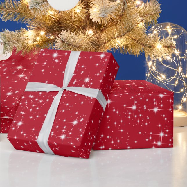 Christmas Twinkling Stars on Red Wrapping Paper (Holidays)