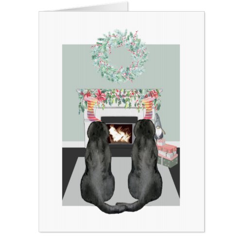 Christmas Two Black Labrador Dogs Fireplace Scene Card