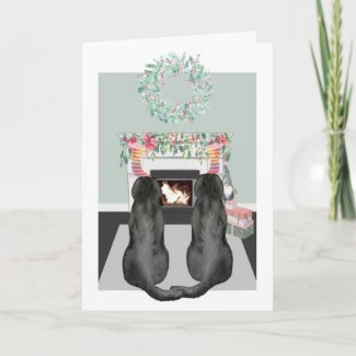 Christmas Two Black Labrador Dogs Fireplace Scene Holiday Card