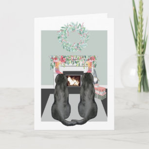 Christmas Two Black Labrador Dogs Fireplace Scene Holiday Card