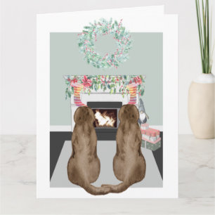 Christmas Two Choc Labrador Dogs Fireplace Scene Card