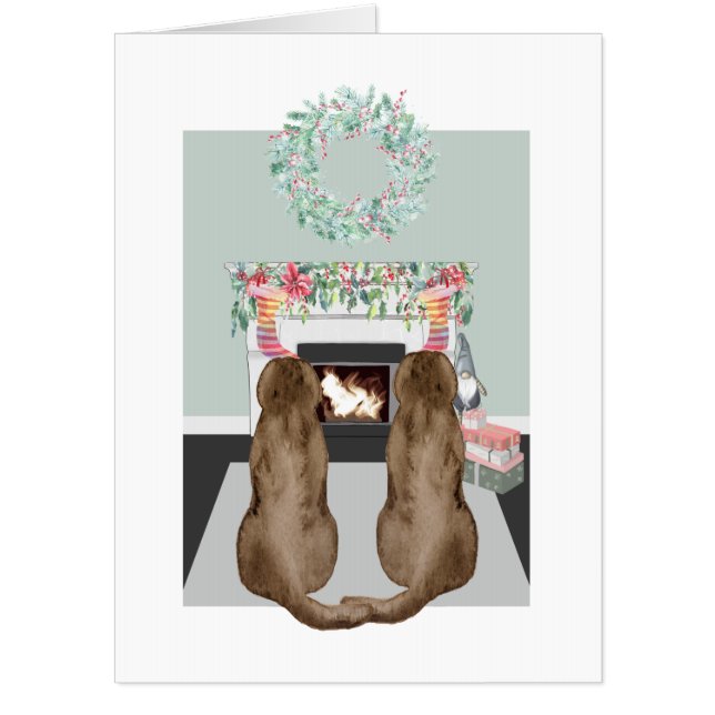 Christmas Two Choc Labrador Dogs Fireplace Scene Card (Front)