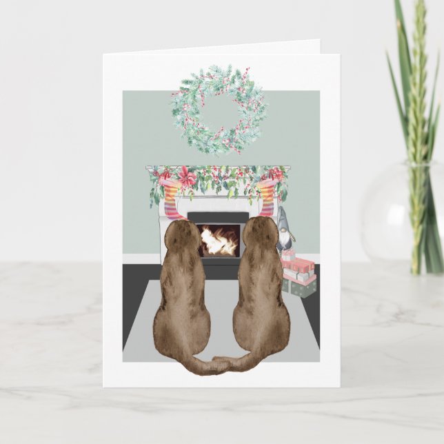 Christmas Two Choc Labrador Dogs Fireplace Scene Holiday Card (Front)