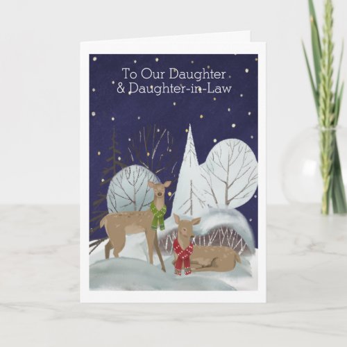 Christmas Two Female Deer Snow Scene Personalized Card