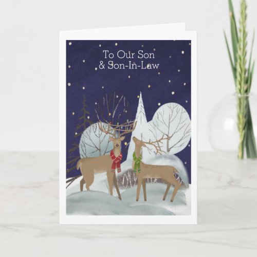 Christmas Two Male Deer Snow Scene Personalized Card