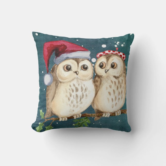 Christmas Two Owls Santa Hat Watercolor Throw Pillow (Front)
