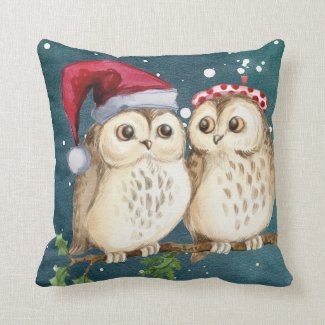 Christmas Two Owls Santa Hat Watercolor Throw Pillow