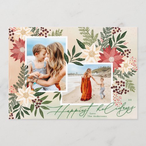 Christmas Two Photo happiest botanical floral Holiday Card