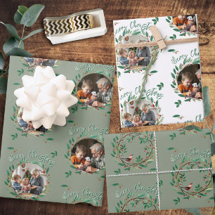 Christmas Two Photo Sage Green Wreath Pattern Wrapping Paper Sheets