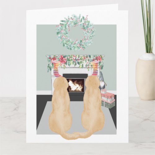 Christmas Two Yellow Labrador Dogs Fireplace Scene Card