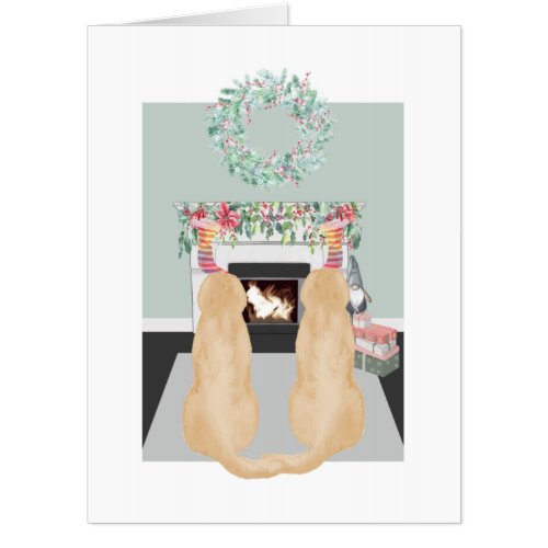 Christmas Two Yellow Labrador Dogs Fireplace Scene Card