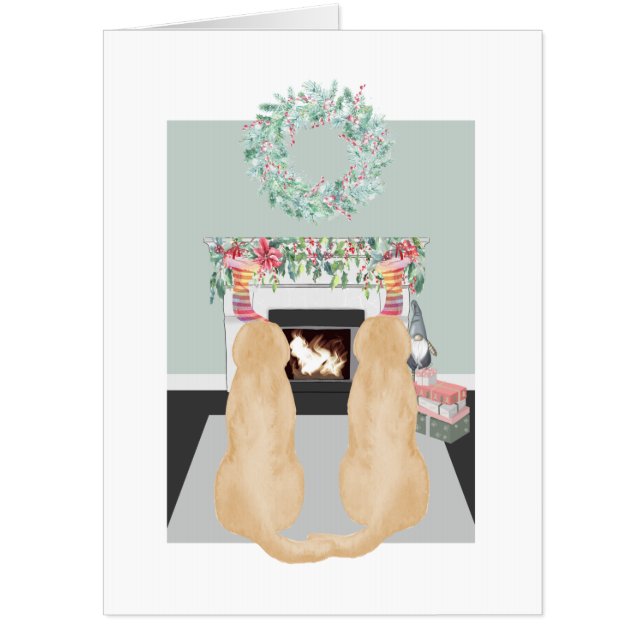 Christmas Two Yellow Labrador Dogs Fireplace Scene Card (Front)