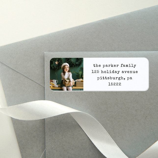 Christmas Typewriter | Black and White with Photo Label (An elegant, vintage style black and white return address label for Christmas with typewriter text)