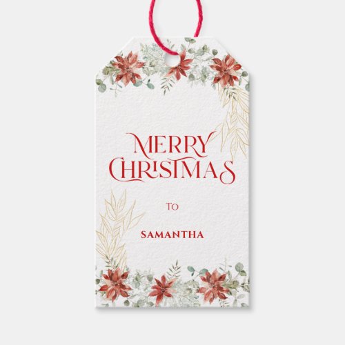 Christmas typography and poinsettia wreath  gift tags