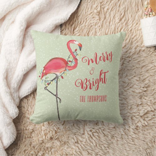 Christmas Typography Beach Pink Flamingo Throw Pillow