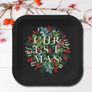 CHRISTMAS Typography Berries and Greenery Paper Plates