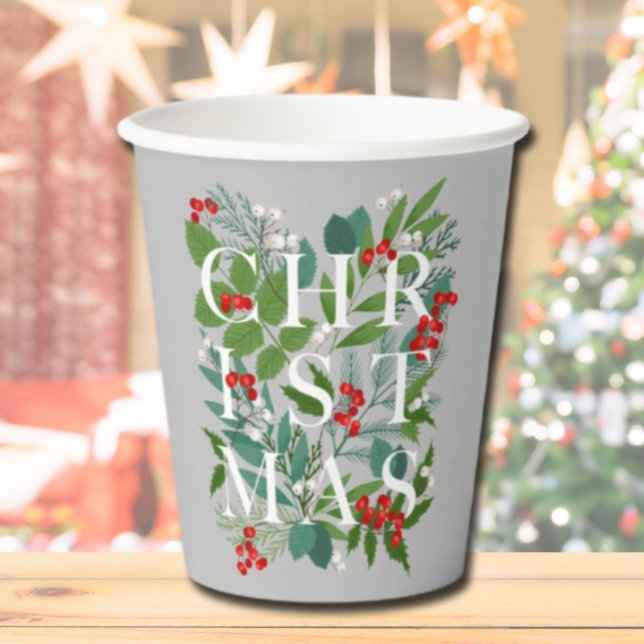 CHRISTMAS Typography Berries Greenery Gray Paper Cups (Creator Uploaded)
