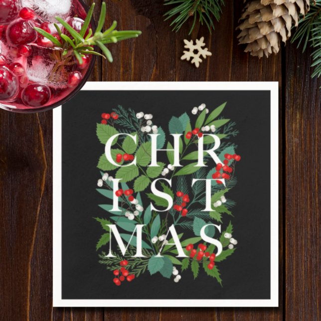 CHRISTMAS Typography Berries Greenery on Black Napkins (Creator Uploaded)