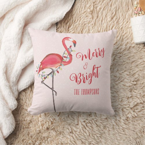 Christmas Typography Pink Flamingo Tropical Throw Pillow