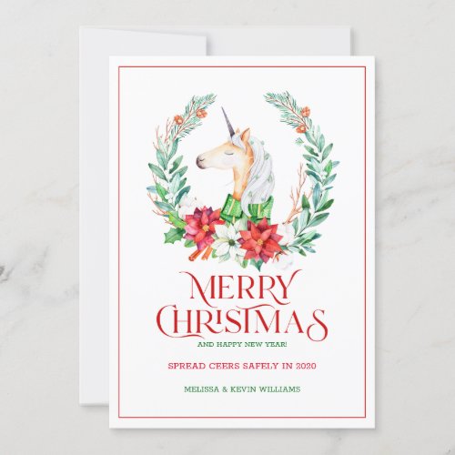 Christmas typography poinsettia  unicorn wreath holiday card