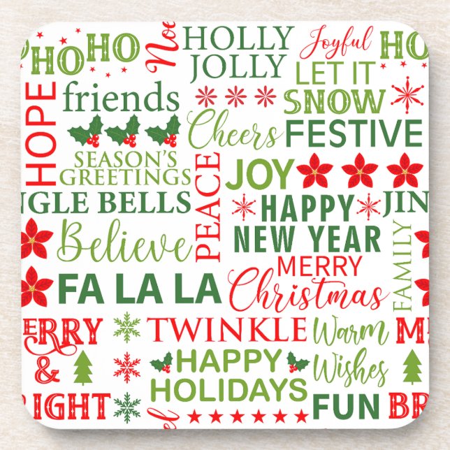 Christmas Typography Red & Green Seamless Pattern Beverage Coaster (Front)