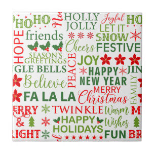 Christmas Typography Red & Green Seamless Pattern Ceramic Tile
